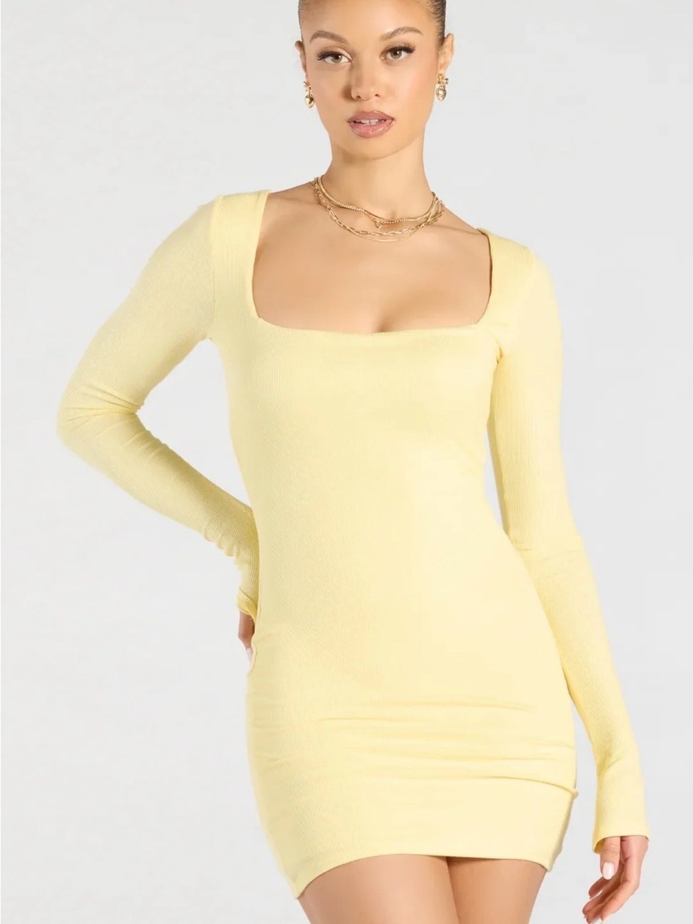 Windsor Pale Yellow Ribbed Square Neck Mini Dress